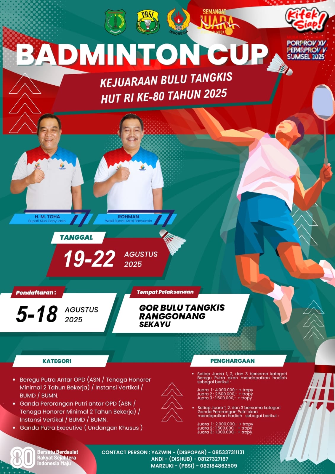 Ayo Daftar dan Rebut Hadiahnya!; Badminton Cup HUT RI ke-80 Siap Digelar